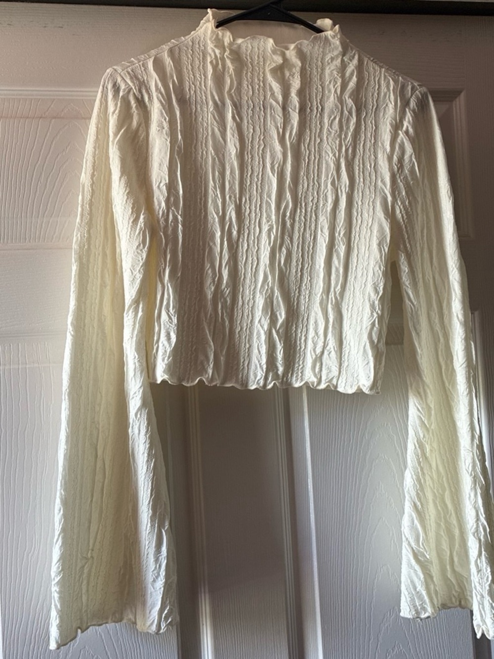 Textured Cream Long-Sleeve Cropped Top